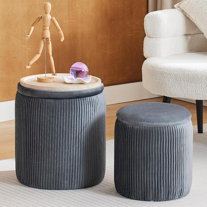 Round Ottoman with Storage Set of 2-Upholstered Velvet Vanity Stool for MakeupMultifunctional Ottomans Coffee Table Padded Seat Foot Rest for Living Room&Bedroom(Light Grey-Upgrade Tray Lid)