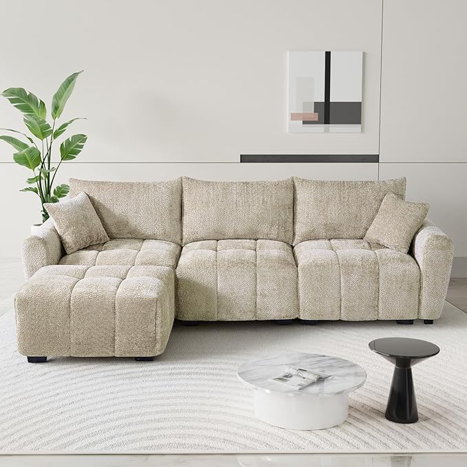 110" L Shaped Modern Boucle Sofa Modular Sectional Cloud Couch with Ottoman, Tufted 4-Seat Deep Seat Sofa with Pillows for Living Room, Bedroom and Apartment, Light Brown