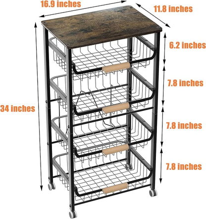 5-Layer Fruit Basket Kitchen Food Organizer and Rack, Stackable Storage Cart