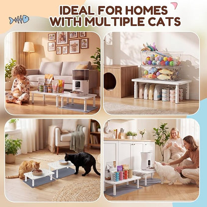 Dreyoo 2 Set Adjustable Cat Food Stand, White,Gray Mat | Fits Most Auto Feeders, Cat Food Stand, 3 Level Stand, Non Slip Silicone Mats, Elevated Feeding Table, Cats Small Dogs