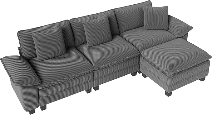 PHI VILLA Cloud Modular Couch Sets, 123.6" Sectional Sofa with L-Shaped Chaise, 4-Seater Upholstered Couches with Movable Ottoman for Living Room, Corduroy Fabric, Grey