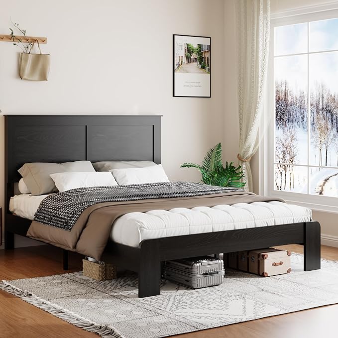 Wooden Bed Frame Full Size with Headboard, Farmhouse Platform Bedframe with Wood Slat Support, Sturdy Framework Bed Frame, Easy Assembly (Rustic Black)