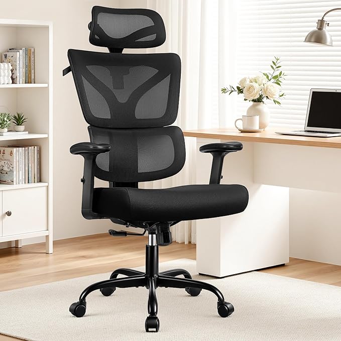 Ergonomic Office Chair High Back Desk Chair with Lumbar Support, Breathable Mesh Computer Chair with Adjustable Armrests Height, Reclining Swivel Big and Tall Gaming Chair for Home Office(Black)