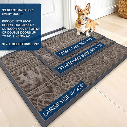 OLANLY Welcome Door Mat Indoor Outdoor Entrance, Heavy Duty Sturdy Front Door Mat, Waterproof All-Weather Doormat, Stain Resistant, Low Profile, Easy Clean Patio Entryway Mat, 29.5 x 17, Medium Brown