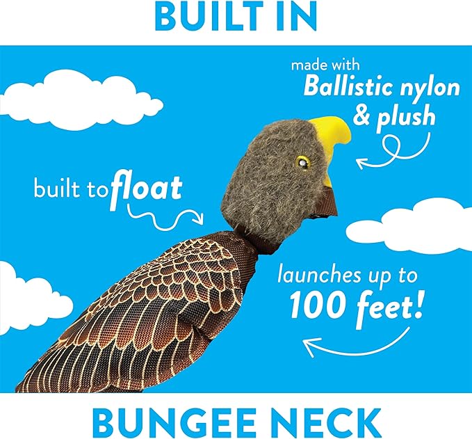 Spunky pup Fly & Fetch Plush Eagle Dog Toy | Interactive 100 ft Sling Shot Launcher with Built-In Bungee | Pull Back & Release | Durable Construction | Ballistic Fabric | Floats | For Medium Breeds