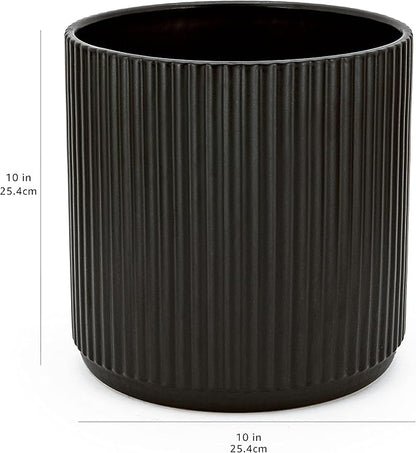 Amazon Basics Fluted Ceramic Planter Pot for Indoor Outdoor Plants, Round Flower Pot with Drainage Hole, 10-inch, Black