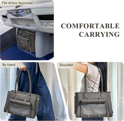 Minsong Fashion Pet Carrier Purse for Small Cat and Dog, Luxury Pu Soft-Sided Tote Bag with Large Pockets for Dogs and Puppies (Black, 13.6" L x 6" W x 10.0" H)