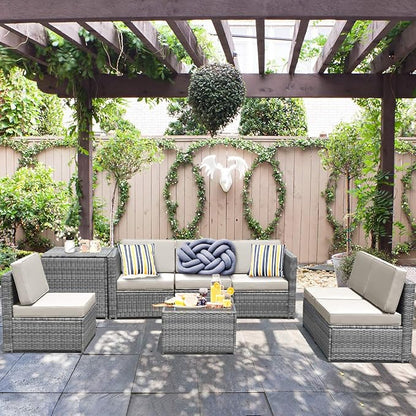 HAPPYGRILL 8-Pieces Patio Furniture Set Outdoor Rattan Conversation Set with Storage Box Sectional Wicker Sofa Set with Coffee Table and Cushions for Garden Backyard