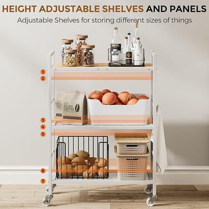 XIVIRACK 3-Tier Metal Storage Rack with Industrial Wheels,Mesh Shelving Unit with Wooden Table top,Adjustable Shelf,23.6-Inch Width,for Kitchen,Laundry,Pantry,Plant,Oak panel and white frame