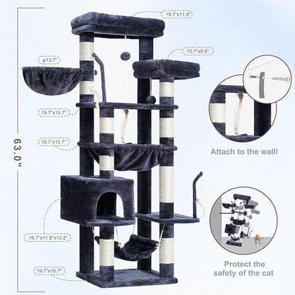 Gitelsnour Cat Tree, Cat Tower for Large Cats with 2 Big Platforms, 2 Baskets, condo and Toys, 63" Cat Scratching Posts for Indoor Cats, Smoky Gray GCT020G