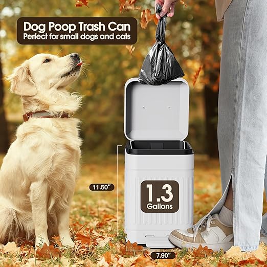 CEROELDA Small Trash Can with Lid-5L/1.3 Gal, Stainless Steel Outdoor Dog Poop Garbage Can-Farmhouse Retro Metal Waste Bin w/Step Pedal for Bathroom Bedroom Office-Soft Close-White