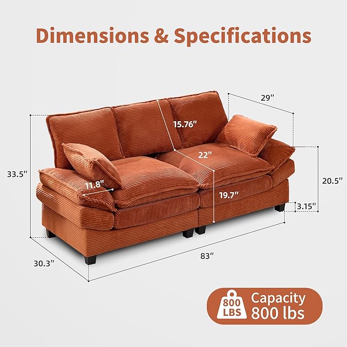 83" Loveseat Sofa, Cloud Couches for Living Room, Comfy Corduroy Couch with Deep Seat, Love Seat Couches for Bedroom, Apartment and Office, Easy Assemble for Small Space (Orange)