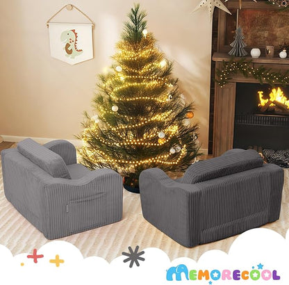 MeMoreCool Toddler Chair Comfy for 1-3 Years Old, Corduroy Kids Couch Bed Fold Out, 2-in-1 Foldable Baby Lounge Chair, Pull Out Children Sofa Bed, Light Grey