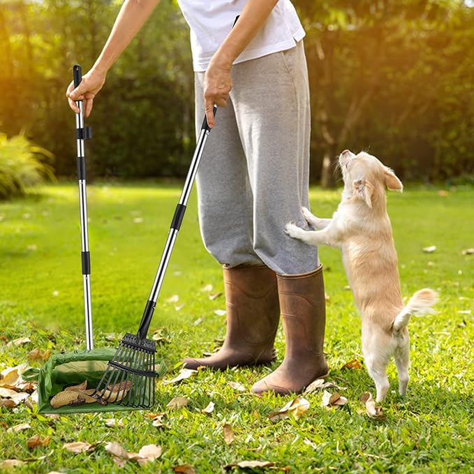 Toozey Unbreakable Dog Pooper Scooper with Extra Large Stainless Metal Poop Tray & 43.31" Long Handle Rake Scoop, Easy Waste Cleanup for Large, Medium, Small Dogs with 20 Bags