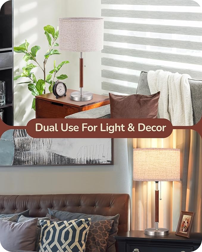 EDISHINE Mid Century Table Lamp, Solid Wood and Metal Bedside Lamp with Pull Chain Switch & Beige Linen Shade, Retro Nightstand Lamp for Bedroom Living Room End Table, E26 Base