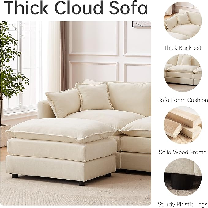 saows Modular Sectional Sofa, 112.2 Inch U Shaped Couch Set with Armrests, 3-Seater Comfy Cloud Couches with Movable Ottoman for Living Room Apartment, Beige