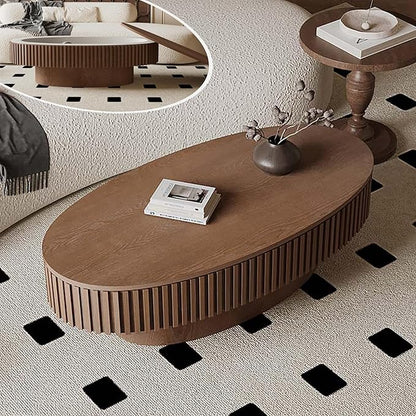 FGXJY Oval Coffee Table with Storage, Modern Walnut Coffee Table with Solid Wood Veneered, Fluted Center Table Wood Drum Tea Table for Living Room Apartment, 47.2''L×23.6''W×14.2''H
