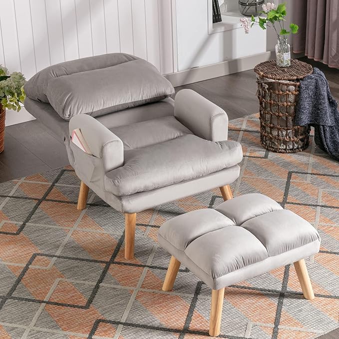 CANMOV Modern Accent Chair with Ottoman Set of 2, Soft Fabric Armchair with Adjustable Backrest and Side Pockets, Comfy Lounge Chair for Living Room, Bedroom, Apartment, Office, Grey
