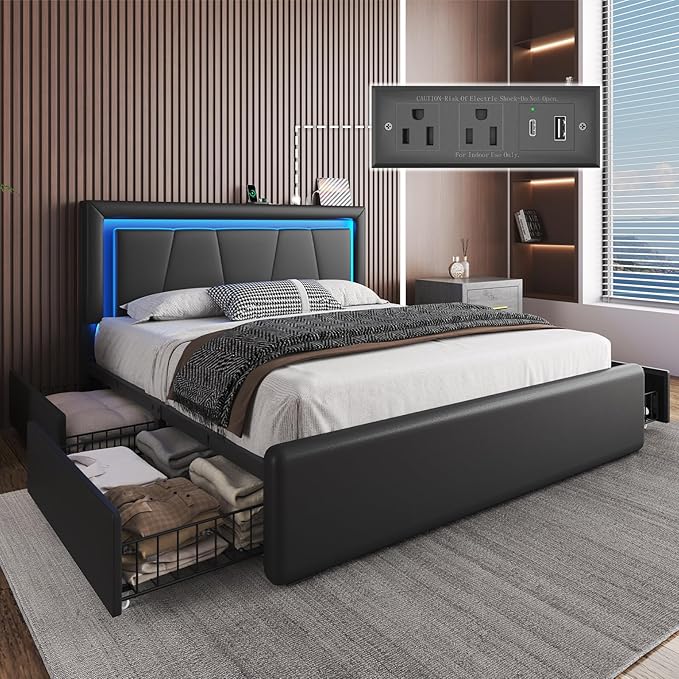 Full Size Bed Frame with 4 Storage Drawers and LED Lights, Upholstered Platform Bed with Adjustable Headboard and Charging Station, Metal Slats Support, No Box Spring Needed,Easy Assembly, Black