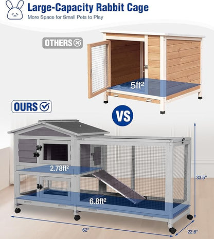 Large Rabbit Hutch Indoor, Bunny Cage Outdoor with Chew-Proof Ramp, 2-Story Guinea Pig Cages with 6 Wheels, 3 Pull-Out Trays, Waterproof Asphalt Roof, 62" L - Grey