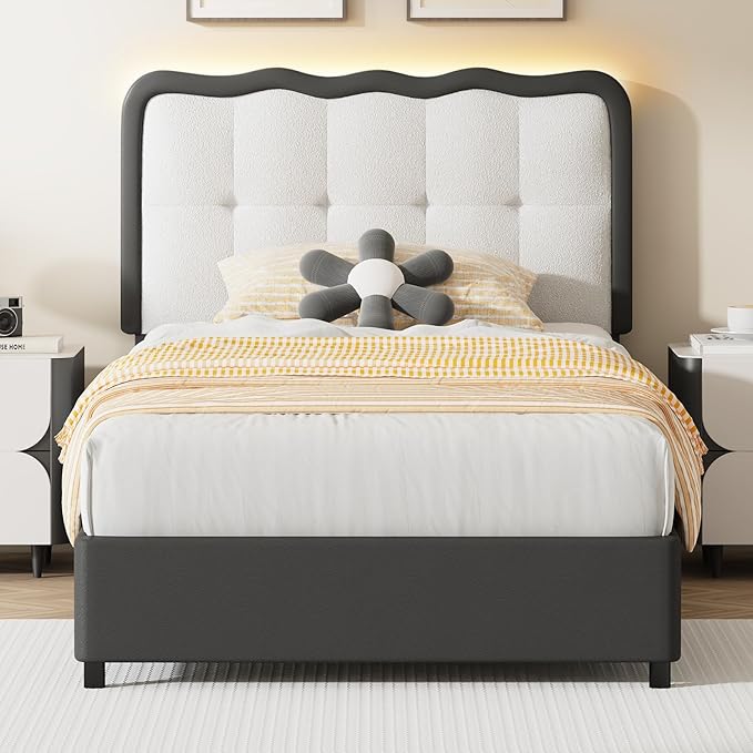 BarnFurin Twin Bed Frame with LED Lights, Twin Size Bed Frame with Cloud Headboard LED Lights, Upholstered Platform Bed with Cloud Headboard, No Box Spring Required, Easy Assembly, Black