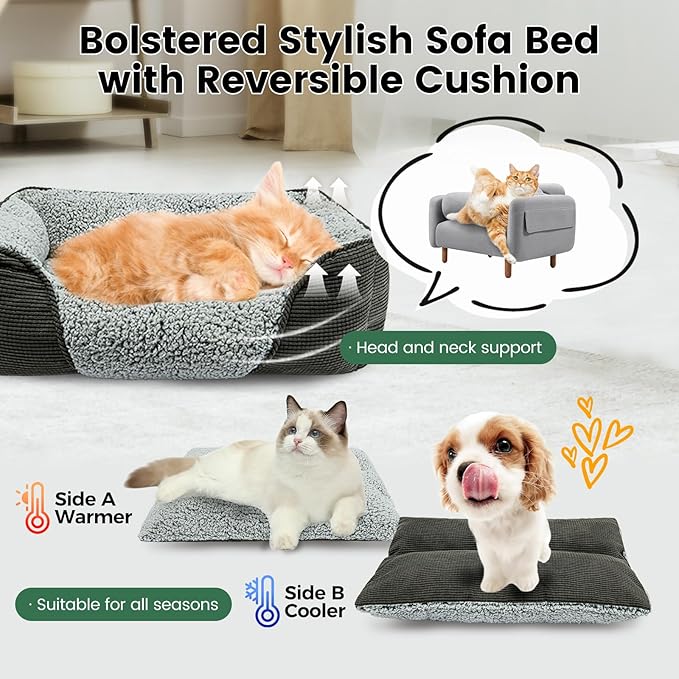 Miguel Washable Dog Bed with Removable Cushion for Medium Small Dogs, Easy to Wash Pet Sofa Bed with Side, Rectangle Bolster Cat Bed Calming Cuddle Puppy Bed with Anti-Slip Bottom, Gray 25 Inch