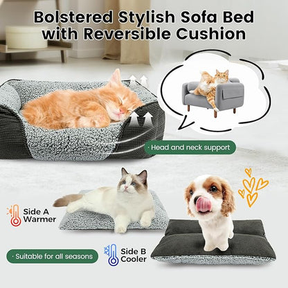 Miguel Washable Dog Bed with Removable Cushion for Medium Small Dogs, Easy to Wash Pet Sofa Bed with Side, Rectangle Bolster Cat Bed Calming Cuddle Puppy Bed with Anti-Slip Bottom, Gray 25 Inch