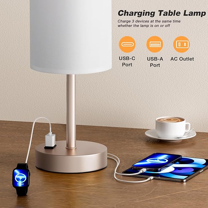 Fenmzee Antique White Bedside Table Lamp for Bedroom - 3 Way Dimmable Touch Lamp USB C Charging Ports and AC Outlet, Small Lamp Gold Base Round Flaxen Fabric Shade for Living Room, Desk
