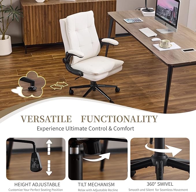 VINGLI Comfy White Leather Office Desk Chair, High-Back Support Ergonomic Computer Task Gaming Chair,with Removable wheels,360° Swivel,Adjustable Height,Flip-Up Arms,for Adults,Teen,Vanity,Home Office