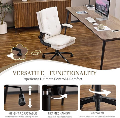 VINGLI Comfy White Leather Office Desk Chair, High-Back Support Ergonomic Computer Task Gaming Chair,with Removable wheels,360° Swivel,Adjustable Height,Flip-Up Arms,for Adults,Teen,Vanity,Home Office