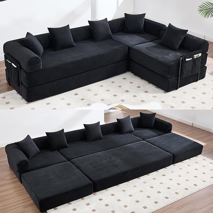 106" Oversized Convertible Sleeper Sofa Bed, Corduroy L Shape Sectional Couch, Folding Sofa Bed with Side Pocket, Modern Cloud Floor Mattress Couch, Modular Sofa for Living Room, Black