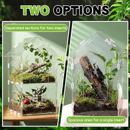 Acrylic Jumping Spider Enclosure,7.9"×7.5"×13.8", 2-Layer Arboreal Tarantula Enclosure with Partition & Feeding Hole, for Gecko Amphibians Chameleon & Small Reptiles
