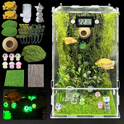 Jumping Spider Enclosure,DIY Insects Habitat,Small Reptile Terrarium Glass House Accessories Set,with Temperature and Humidity Detector Water Feeder Platform Hide,5.5“x5.5”x9.5“ (Forest)