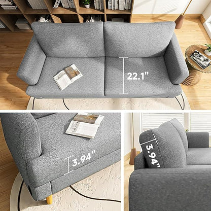Loveseat Sofa Couch for Living Room with USB Type C Ports – Light Gray Upholstered 70" Small Couches for Bedroom, Office or Apartment–Modern 2-Seater Deep Seating with Soft Cushions & Sturdy Frame