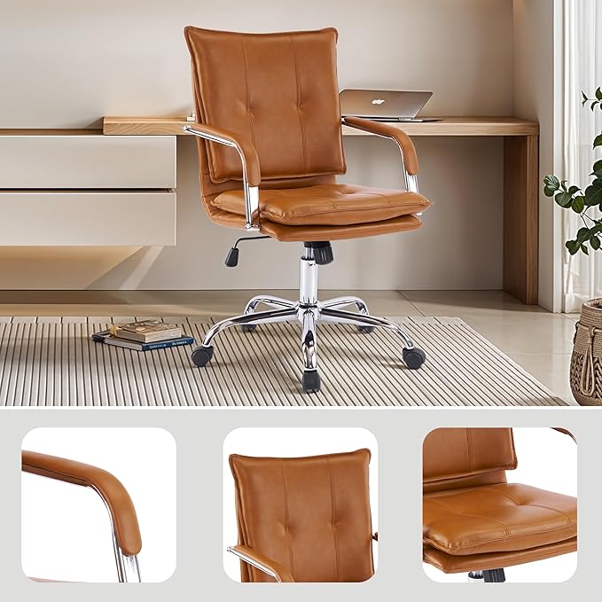 Mid-Back Ergonomic Leather Office Chair, Modern Upholstered Executive Desk Chair with Gold Frame Armrest Computer Task Chair (Camel &Silver Legs)