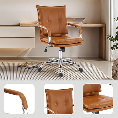 Mid-Back Ergonomic Leather Office Chair, Modern Upholstered Executive Desk Chair with Gold Frame Armrest Computer Task Chair (Camel &Silver Legs)