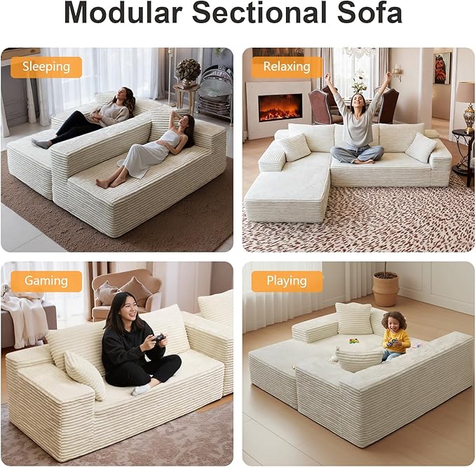 106'' Boneless Couches for Living Room, L Shaped Modular Sectional Sofa with Chaise Lounge, Faux Rabbit Fur & Layered Cushion Deep Seat Cloud Couch, No Assembly (Beige, Left Facing Chaise)