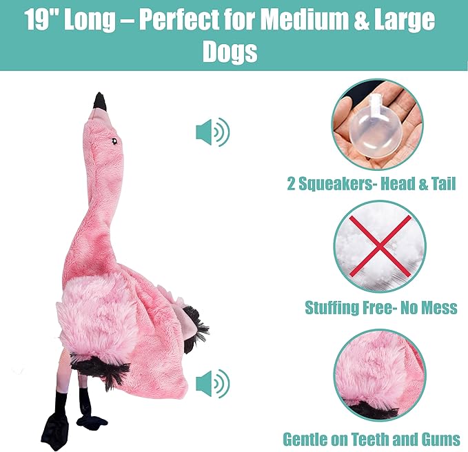 SPOT Skinneeez Flamingo 19 Inch Stuffing-Free Plush Dog Toy with Dual Squeakers – Long Interactive Chew Toy for Medium and Large Dogs – Mess-Free Play for Light & Moderate Chewers