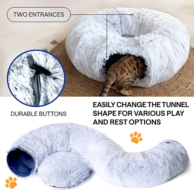 Cat Donut Tunnel Bed - Cat Tunnels for Indoor Cats - XL Plush Circle Hideaway with Cat Toys, 3-in-1 Foldable Playground & Cozy Cave Bed, Gift-Ready House Under Christmas Tree for Ferret, Rabbit, Kitty