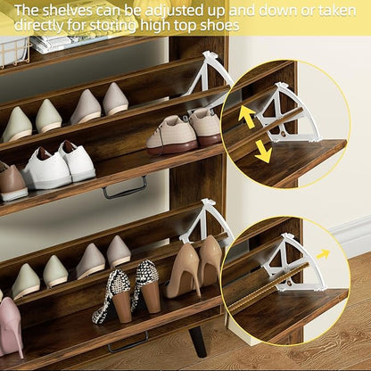 EOYUTLLY Shoe Cabinet with Bench, Entryway Shoe Organizer with 2 Flip Drawers &