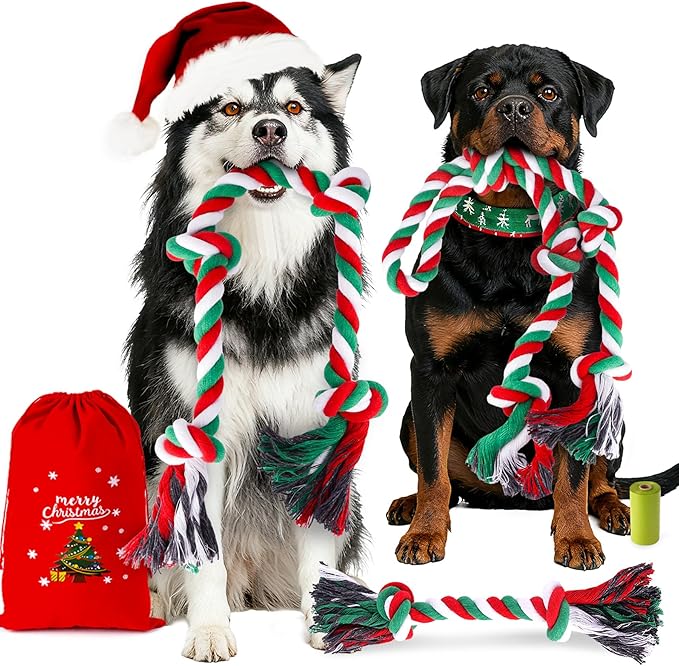 Christmas Heavy Duty Dog Toy for Aggressive Chewers – Tough Chew Toys for Large Dogs, Ideal for Tug-of-War & Teeth Cleaning, with 3 Rope Toys & 2 Dog Supplies