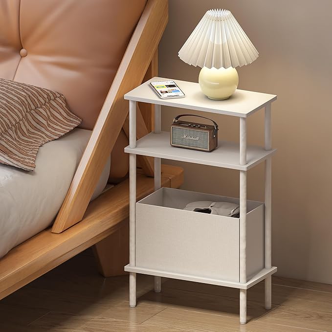 Narrow Side Table with Fabric Basket, End Table for Small Spaces, Slim Nightstand with 3-Tier Storage Shelf, Sofa Beside Table, for Living Room, Bed Room, Natrual White