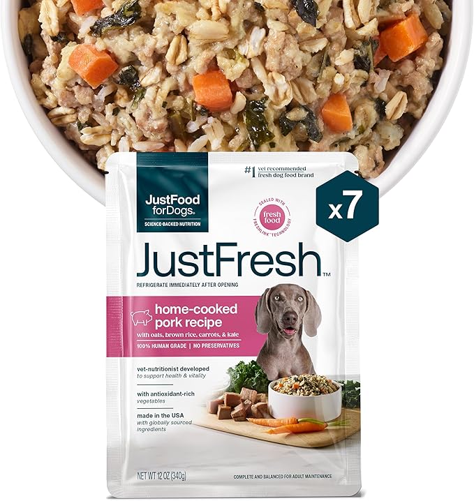 JustFoodForDogs JustFresh Wet Dog Food, Fresh Pet Meals and Toppers with No Preservatives, Resealable Package, Human Grade, Home-Cooked Pork, 12 oz - 7 Pack