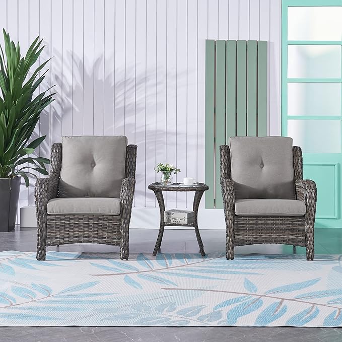 Rilyson Patio Bistro Set Wicker Chairs - 3 Piece Outdoor Rattan Conversation Set with 2 Armrest Chair and 1 Side Table for Proch Deck Garden Backyard Balcony(Mixed Grey/Grey)