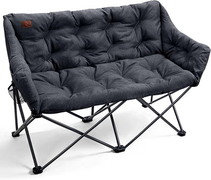 EVER ADVANCED Double Camping Chair for Adults, Padded Folding Camping Loveseat Bench with Side Pocket Portable Camping Couch, Two Person Heavy Duty Outdoor Chair with Cushion,Support 600lbs, Black