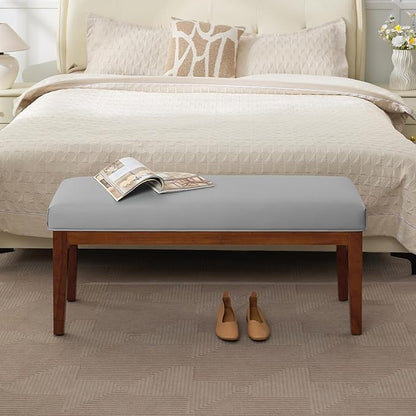 WUTUTUEE 43.5'' Faux Leather Bedroom Bench, Upholstered End of Bed Bench, Padded Vintage Dining Bench, Entryway Bench with Solid Wood Legs, Kitchen, Living Room, Hallway, Grey