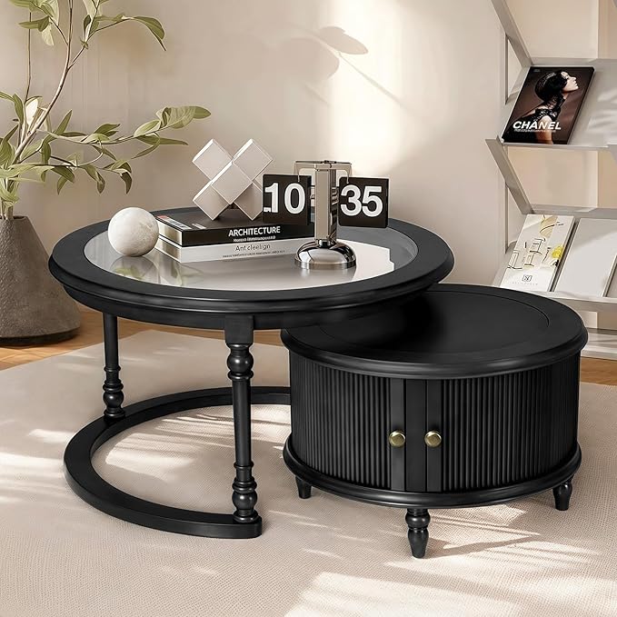 31.5'' Black Nesting Coffee Table Set of 2, Solid Wood Round Nesting Coffee Table Fluted with Storage for Living Room Office