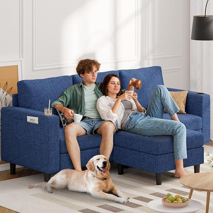 Upholstered Sectional Sofa and Couches, 78'' L Shaped 3-seat Sofa forLiving Room, Apartment, Lounge,Bedroom-Washable Covers Convertible Sofas(Linen Fabric,Blue)