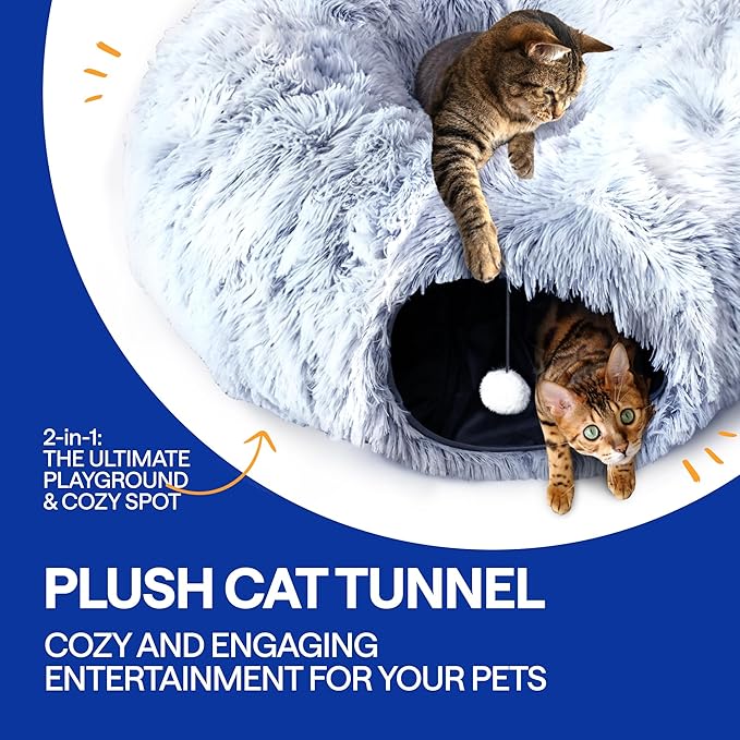 Cat Donut Tunnel Bed - Cat Tunnels for Indoor Cats - XL Plush Circle Hideaway with Cat Toys, 3-in-1 Foldable Playground & Cozy Cave Bed, Gift-Ready House Under Christmas Tree for Ferret, Rabbit, Kitty