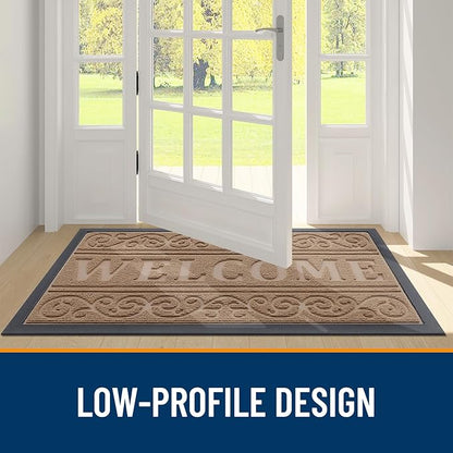 OLANLY Welcome Door Mat Indoor Outdoor Entrance, Heavy Duty Sturdy Front Door Mat, Waterproof All-Weather Doormat, Stain Resistant, Low Profile, Easy Clean Patio Entryway Mat, 29.5 x 17, Light Brown